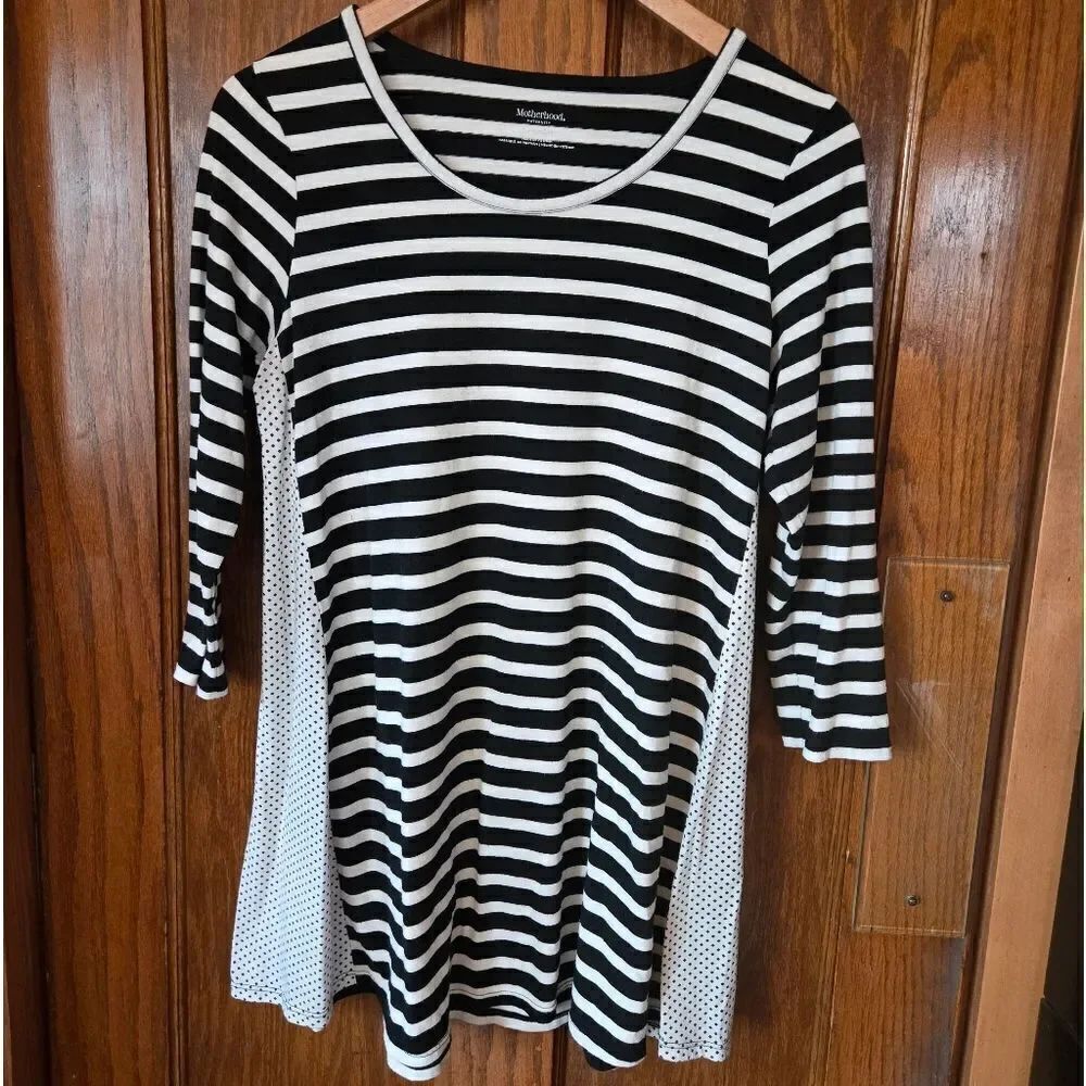 Motherhood Maternity Black and White Stripes and Polka Dot Tie 3/4 Sleeve Tunic